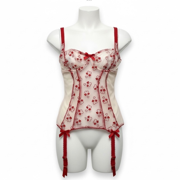 Adore Me Corset Lingerie Bustier 36C Red Mesh Hearts Sexy Coquette Gerter Top - Picture 1 of 9